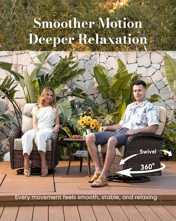 Belord Upgraded 6“ Cushion Luxury 6 Pieces Patio Furniture Set - All Weather Wicker Outdoor Swivel Rocker Patio Chairs of 4 with Side Table, High Back Glider Chairs Set for Deck Porch - Brown/Beige