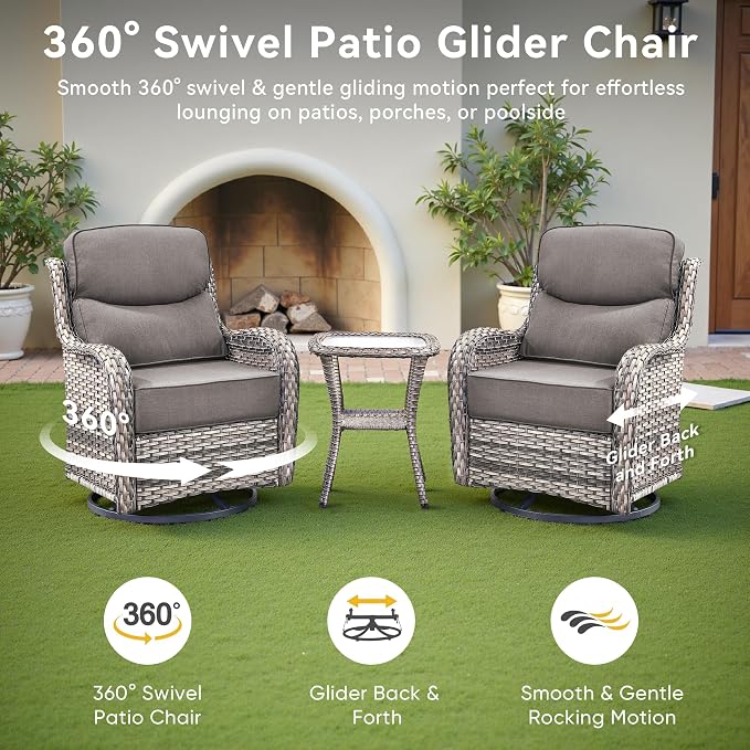 Luxury High Back Outdoor Swivel Rocker Patio Chairs with Side Table & 6-Inch Thick Cushions, 2 Pieces Patio Furniture Set for Porch, Balcony, Deck and Yard