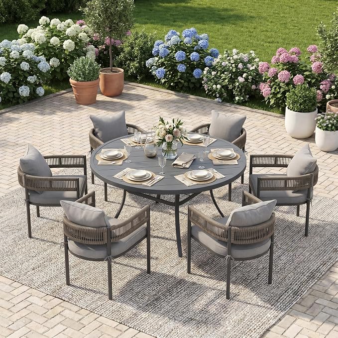 VICLLAX Patio Dining Set for 6-53" Round Table & Cushioned Seats, Grey