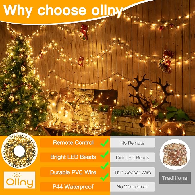 Ollny Christmas Tree Lights 400LED 132FT, Remote Plug-in Christmas Lights with Timer and 8 Modes, Waterproof Outdoor String Light for Thanksgiving Xmas House Indoor Outside Decorations(Warm White)