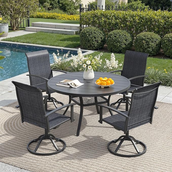 5 Pieces Outdoor Patio Dining Set, 40.6" All Weather Round Metal Table with Umbrella Hole and Storage Shelf, 4 High Back Textilene Swivel Chairs for Garden, Lawn, Black
