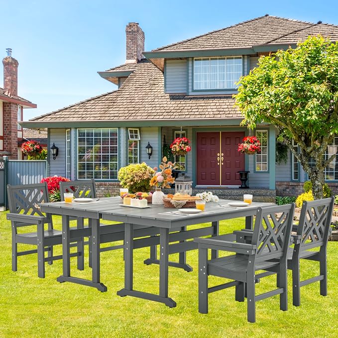 HDPE Outdoor Dining Set,6-Piece Outdoor Table and Chairs Include 4 Dining Chairs and 2 Pcs 62.5" Patio Dining Table with Umbrella Hole (Gray)