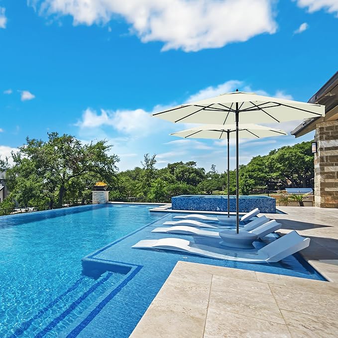 Midtown Umbrellas The Wooden 8 Feet Patio Umbrella With Sunbrella Canvas Natural Acrylic Fabric - Aluminum Frame Market Umbrella For Backyard, Deck, Garden, Pool - Wooden Pole
