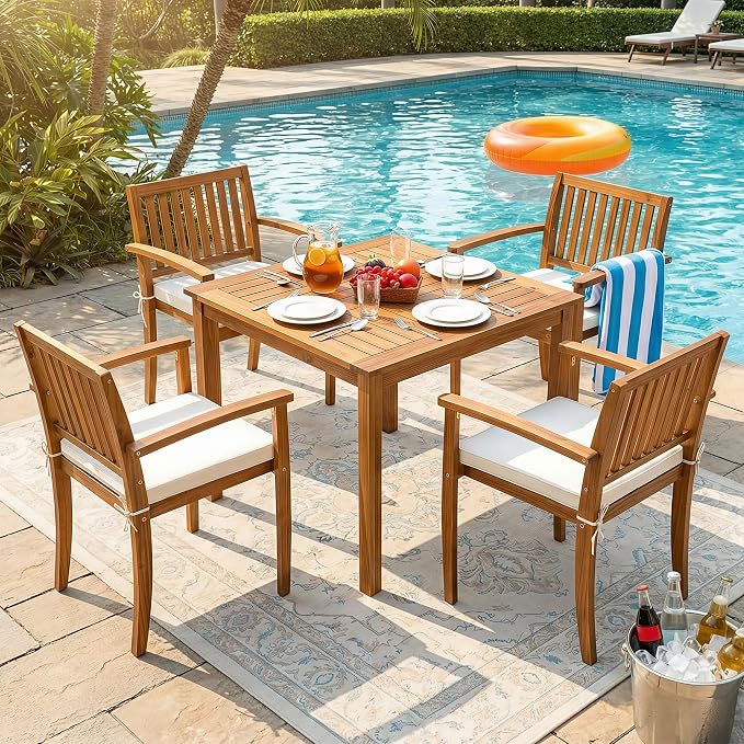 Devoko 5 Pieces Patio Table and Chairs Set Acacia Wood Outdoor Furniture | Patio Dining Set with Comfy Cushions for 4, Outdoor Dining Table and Chairs for Lawn, Garden, Backyard, Deck, Natural Wood