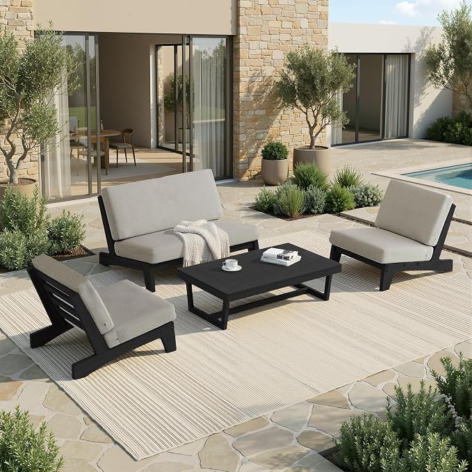 4 Piece Teak Outdoor Patio Frutnire Set, 4 Seater Patio Conversation Sets with Thick Cushions, Outdoor Sectional Furniture with Coffee Table - Light Camel