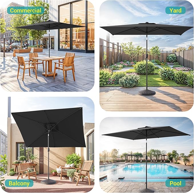 Rectangle Patio Umbrella with Solar Lights, 10 x 6.5ft Rectangular Outdoor Umbrella Table Market Patio Umbrella with Push Button Tilt and Crank for Garden, Deck, Backyard, Pool