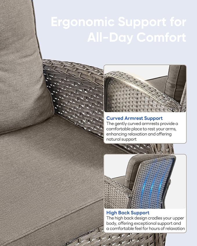 7 Pieces Patio Furniture-Patio Swivel Chairs Set of 2 Outdoor Glider Bench Rocking Chair with Patio Ottomans Patio Conversation Sets for Deck Porch Garden Balcony Poolside-Grey/Grey