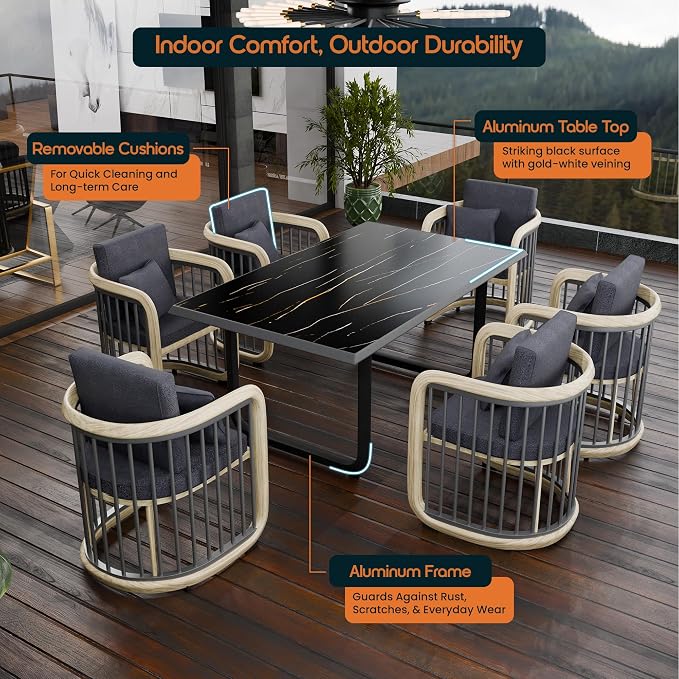 Klyra 7-Piece Outdoor Patio Dining Set Modern Aluminum Rectangular Dining Table and 6 Slatted Chairs with Stain-Resistant Cushions, Weather-Resistant Furniture for Garden, Deck, and Indoor Use, Grey