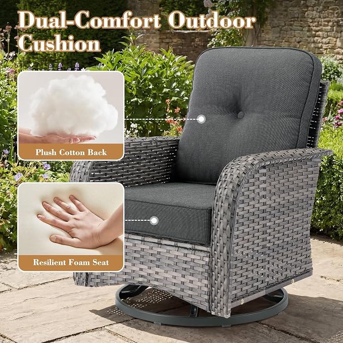 3 Pieces Patio Furniture Set, High Back Outdoor Swivel Rocker Chairs, Wicker Outdoor Furniture with Swivel Rocking Chairs and Side Table for Porch, Backyard, Balcony, Black
