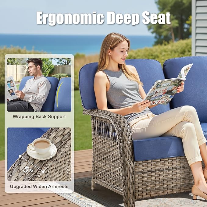 75'' Patio Couch Outdoor Wicker Sofa, Heavy Duty All-Weather Rattan 3-Seater Sofa with Deep Seating and Removable Cover, Outdoor Patio Furniture for Deck Porch Sunroom Backyard, Blue
