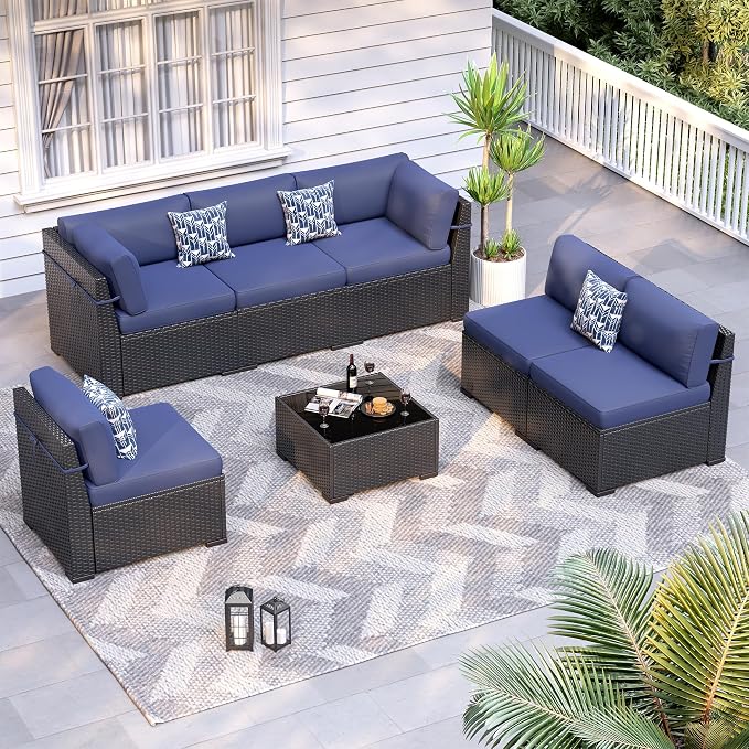 Patio Furniture Sets, 7-Piece Outdoor Patio Furniture with Thick Cushions,Coffee Table Outdoor All-Weather Conversation Set Sectional Sofa for Backyard, Poolside, Garden(Navy Blue)