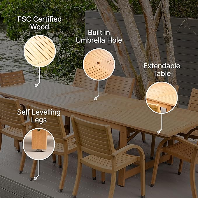 Amazonia Jefferson 11-Piece Patio Extendable Dining Table Set | Teak Finish & Light Grey Wicker Chairs with Cushion | Ideal for Outdoors and Indoors