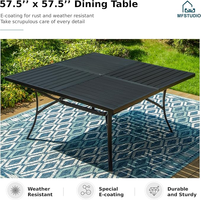 MFSTUDIO 9-Piece Patio Dining Set, 57.5" Square Metal Table, Fixed Chairs | Umbrella Hole, Red