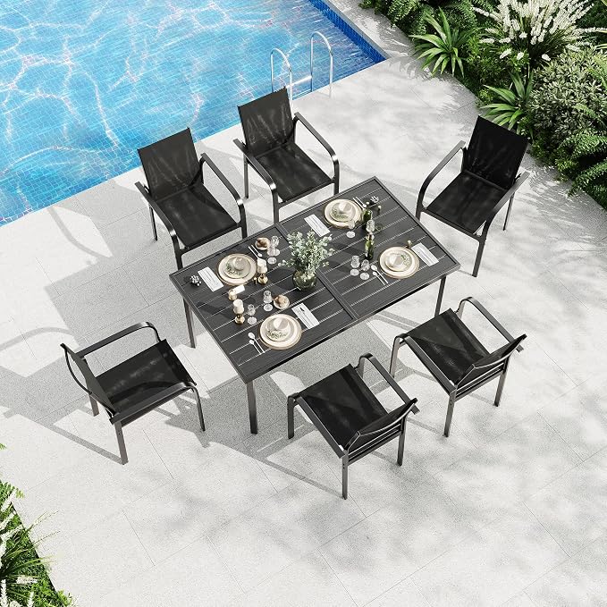 Garvee 7 Piece Patio Dining Set, Outdoor Furniture with 55" Rectangular Iron Table & 6 Textilene Chairs, All Weather Wood-Grain Finish, Suitable for Backyard, Garden, Poolside