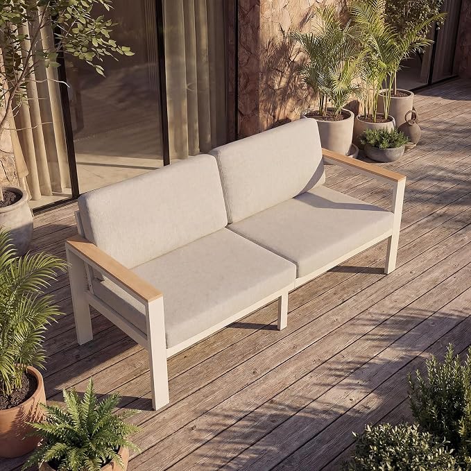 7-Seater Beige Aluminum Patio Conversation Set, Outdoor Sectional Sofa Set with Coffee Table, 1.5mm Thick Powder-Coated Frame, Weather Resistant Outdoor Furniture with Washable Waterproof Cushions
