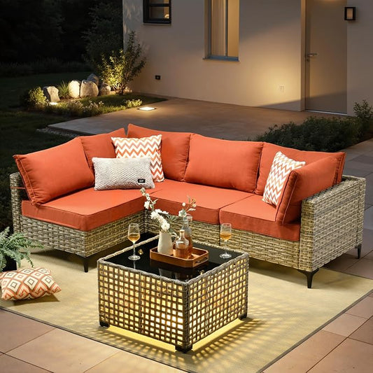 5 Pieces Patio Furniture Set with Solar Light Coffee Table, All-Weather Wicker Outdoor Sectional Conversation Sets L Shaped Sofas for Outside Porch Balcony Backyard Orange