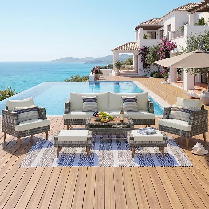 6 piece Outdoor PE Wicker Sofa Set, Outdoor Sectional Conversation Sofa with Double Cushions, Solid Wood Legs & Table Top, Patio Furniture Set for Backyard, Balcony, Gray+Beige