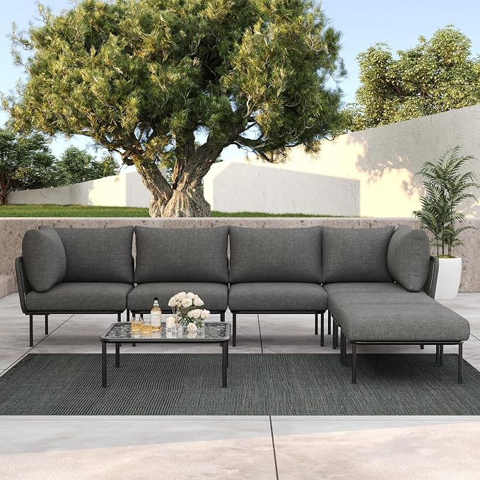 LayinSun 7 Pieces Aluminum Patio Furniture Set, Modern Modular Sectional Sofa with Coffee Table and Upgrade Thickness Cushion