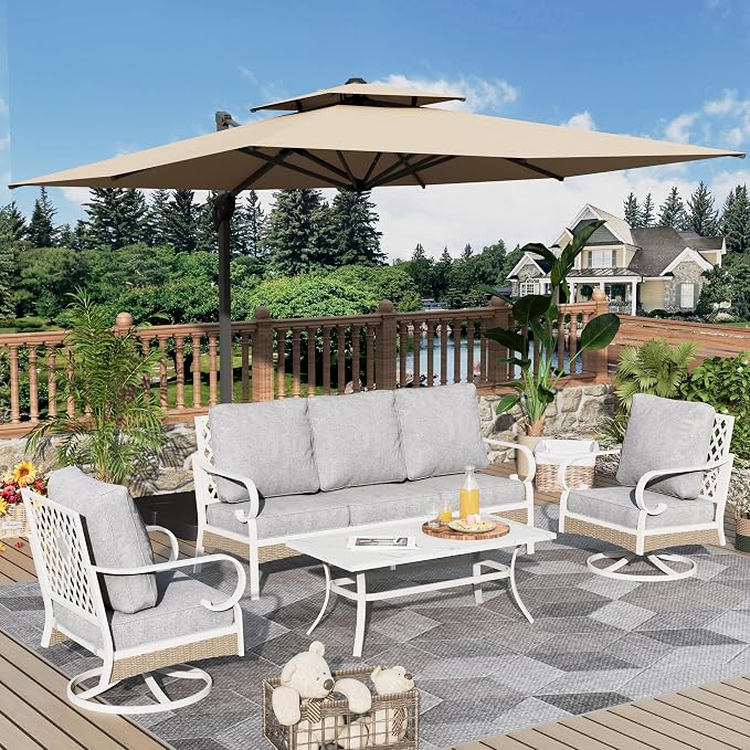 MIXPATIO 4 Piece Patio Furniture Set, 2 x Swivel Chair, 1 x 3-Seat Sofa with Marbling Coffee Table, 5 Seats Outdoor Conversation Set for Lawn Garden Backyard, Light Gray