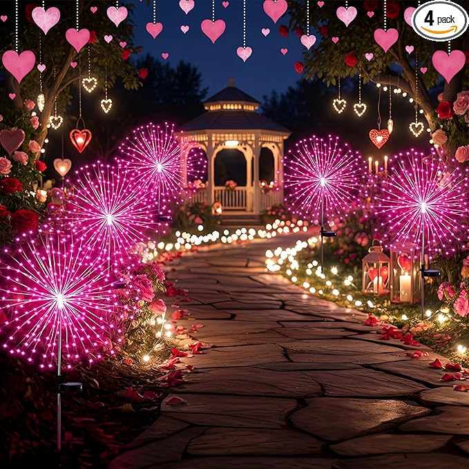 Tujoe 4 Pcs Valentine's Day Solar Lights Outdoor Pink Solar Firework Lights Decoration 180 LEDs 8 Modes Waterproof Valentine LED Stake Sparkler for Walkway Pathway Driveway Garden Yard Lawn Path(Pink)
