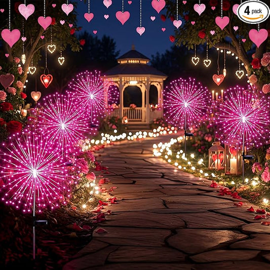 Tujoe 4 Pcs Valentine's Day Solar Lights Outdoor Pink Solar Firework Lights Decoration 180 LEDs 8 Modes Waterproof Valentine LED Stake Sparkler for Walkway Pathway Driveway Garden Yard Lawn Path(Pink)