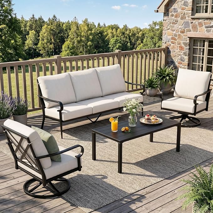 NATURAL EXPRESSIONS 4 Piece Patio Furniture Set, Vintage Metal Outdoor Conversation Set with High Back Swivel Rocking Chairs, 3 Seater Sofa Chairs for Balcony, Porch