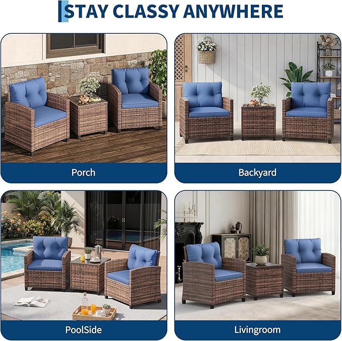 Garvee Outdoor Wicker Chairs,3 Pieces Patio Furniture Set,All Weather High Back Rattan Chairs w/Washable Cushion and Tempered Glass Tabletop for Deck Porch Balcony Backyard Garden,Brown & Blue