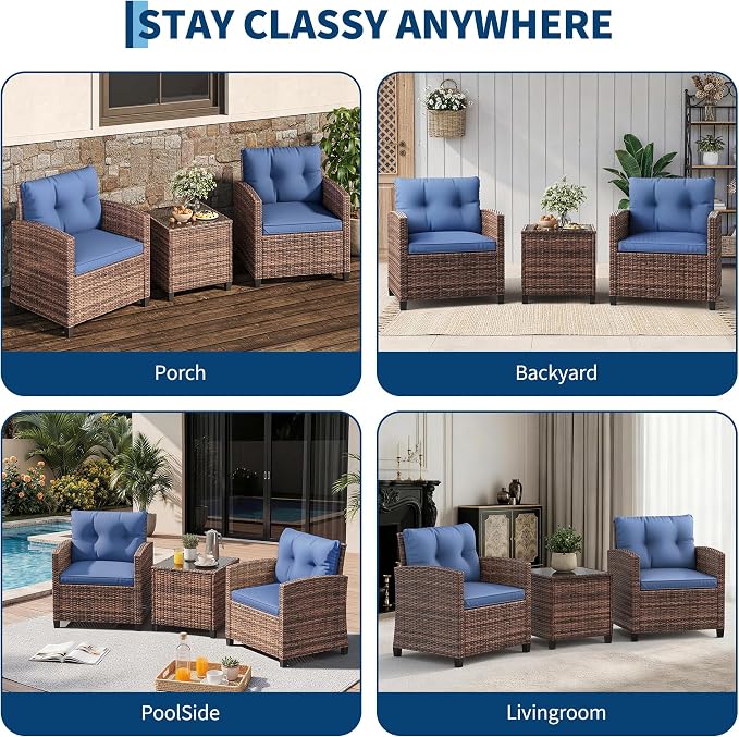 GarveeTech 3-Piece Outdoor Patio Furniture Set, PE Rattan Wicker Chairs with Tempered Glass Side Table & Washable Cushions, All-Weather Conversation Set for Porch, Deck, Balcony or Garden (Brown/Blue)