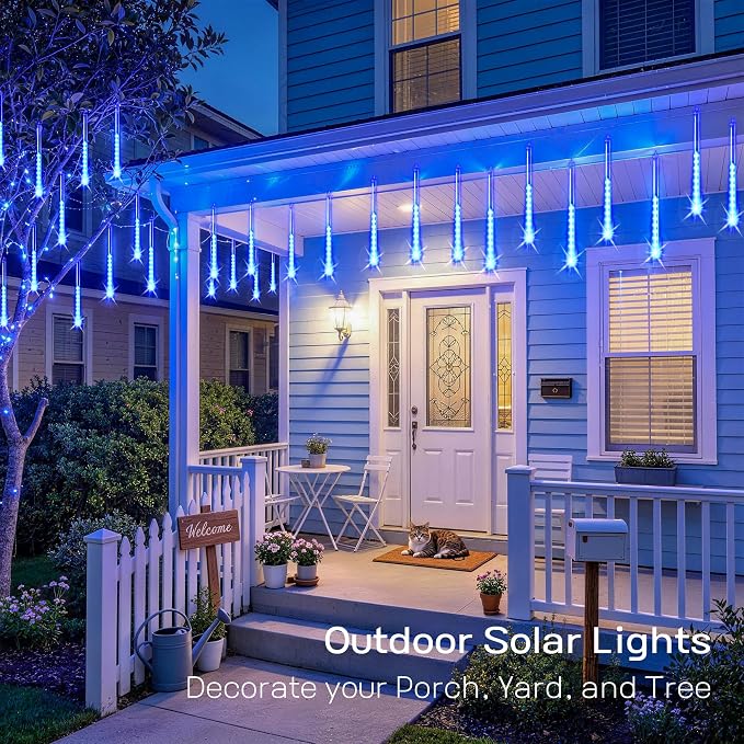 JMEXSUSS Solar Lights for Outdoor Decor, Solar Meteor Shower Lights Outdoor | 8 Tube 144 LEDs , Hanging Blue Christmas Lights for Tree Yard Icicle Garden Patio Gazebo Eaves Front Porch Decor