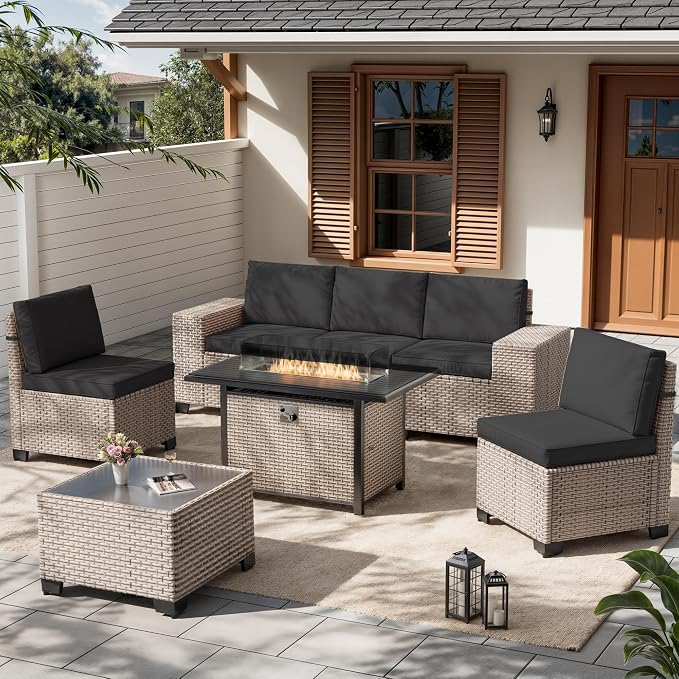7 Pieces Patio Furniture Set with Fire Pit Table, Outdoor Sectional Wicker Sofa with Thickened Cushions and Coffee Table, High Back Rattan Patio Conversation Sets, Black