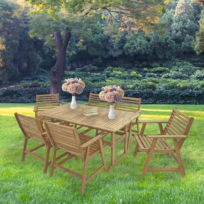 Sunnydaze 7-Piece Patio Dining Set for 6 - Hatteras Acacia Wood Outdoor Dining Set with Umbrella Hole - Outdoor Table and Chairs for 6