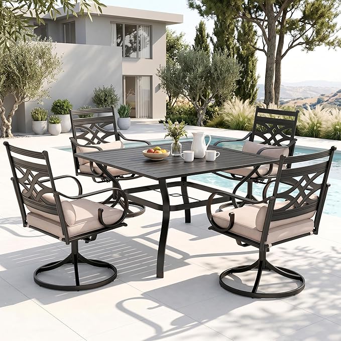 PHI VILLA Patio Dining Set, Swivel Chairs, Square Metal Table | Metal chairs, Beige, Cushions, E-coated