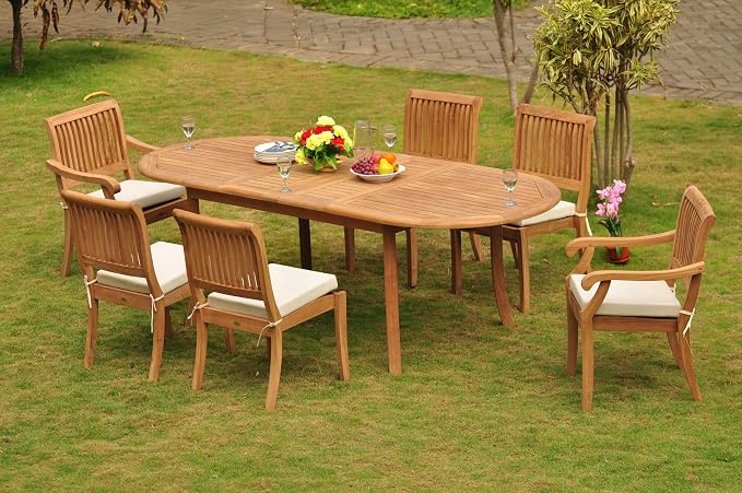 6 Seater 7 Pc Grade-A Teak Wood Dining Set: 94" Oval Table and 2 Stacking Arbor Arm & 4 Armless Chairs #TSDSABy