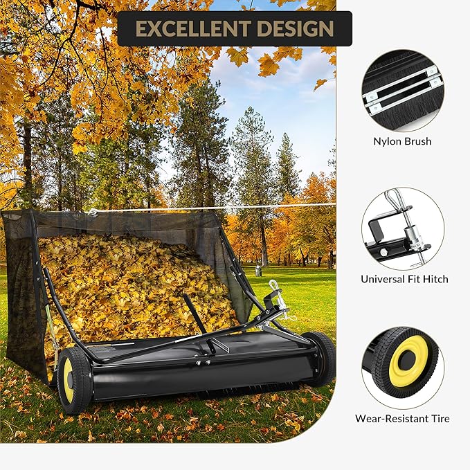 Garvee 44" Tow-Behind Lawn Sweeper – 26 cu.ft. Large-Capacity Pull-Behind Grass & Leaf Collector, Heavy-Duty Adjustable Height, Dumping Rope Design for Easy Debris Disposal, Fits Tractors & ATVs