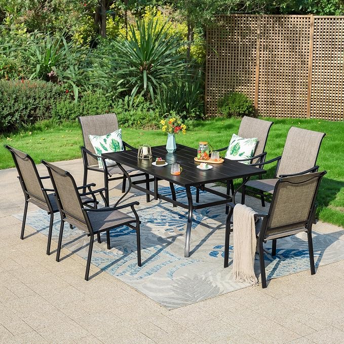 MFSTUDIO Patio Table and Chairs Set, 7 PCS Outdoor Dining Set with 6 Patio Dining Chairs and 1 Heavy Duty Metal 60" Table for 6, All Weather Resistant Patio Furniture, Grey
