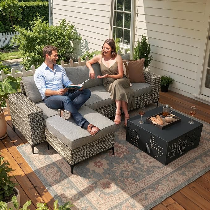 CAODOC 5-Piece Patio Furniture Set with L-Shape Sofa Chaise, Outdoor Sectional Couch Solar Table, Modern Modular Wicker Rattan Conversation Set