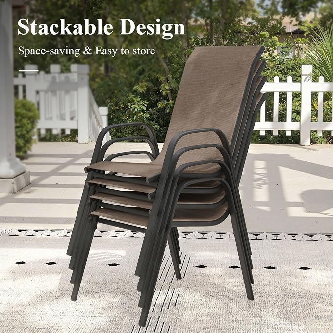 7 Pieces Outdoor Dining Set, 63" Rectangular Table with Umbrella Hole & Stackable Patio Dining Chairs, Patio Table and Chairs Set for Deck Garden Porch, Brown Chairs & Walnut Table
