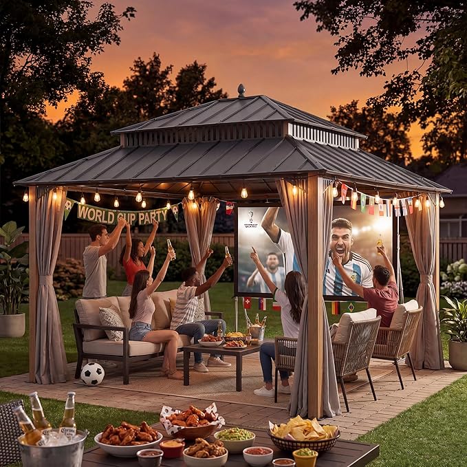 SUNJOY Kingston 14' x 12' Hardtop Gazebo with Curtain, Netting and Galvanized Steel Double Roof, Woodgrain Finish Aluminum Posts Permanent Pavilion Gazebo for Garden, Patio, Deck, Lawn