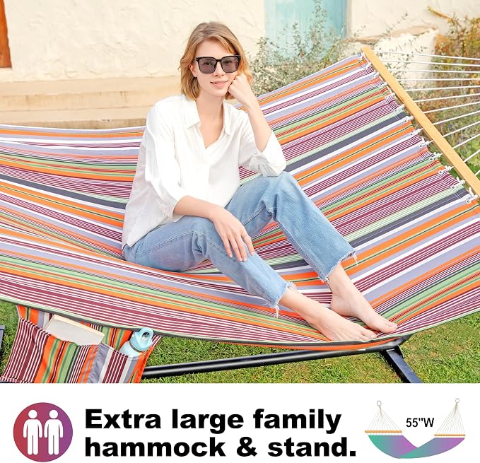 GAFETE 2 Person Hammock with Stand for Outside, 12ft Heavy Duty Steel Stand, Double Hammocks with Hardwood Spreader Bar, Large Removable Pillow, Side Pockets, Max 475 lbs Capacity (Classic Red)