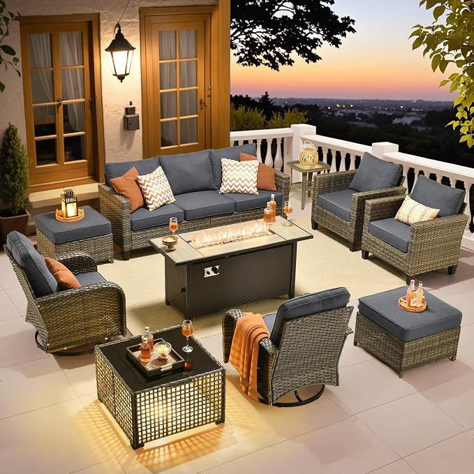 ovios 10 Pieces Patio Furniture Set, Outdoor Wicker Sofa Couch with Swivel Glider Chairs Solar Light Table Fire Pit, Modern Deep Seat Rattan Conversation Sets, Denim Blue