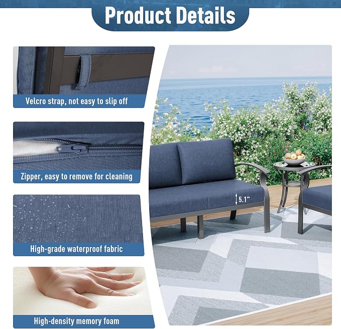 Kurapika Aluminum Patio Furniture Set 5-Seat Modern Outdoor Conversation Sets w/Swivel Rocking Chairs with Rectangular Coffee Table, Navy Blue