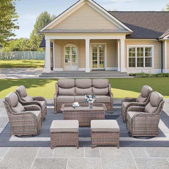 Luxury High Back Outdoor Furniture with 6-Inch Thick Cushions, Patio Furniture Set with Swivel Chairs, 8 PCS Wicker Conversation Set for Porch, Balcony, Deck and Yard