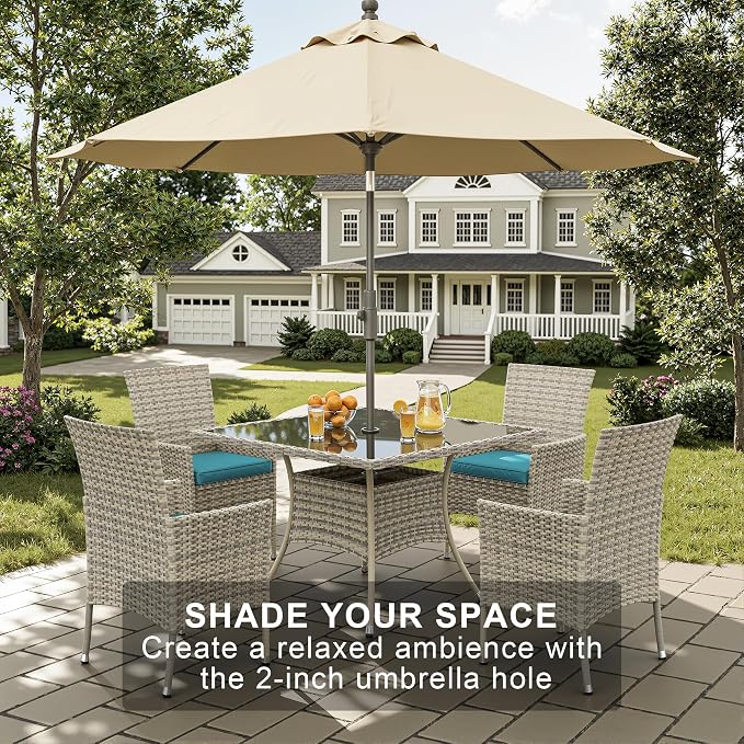 10-Piece Patio Dining Set, Patio Furniture Set with Square Tempered Glass Table & 8 Wicker Chairs, Expandable Design for Larger Groups, Outdoor Furniture for Backyard, Deck, Garden, Turquoise