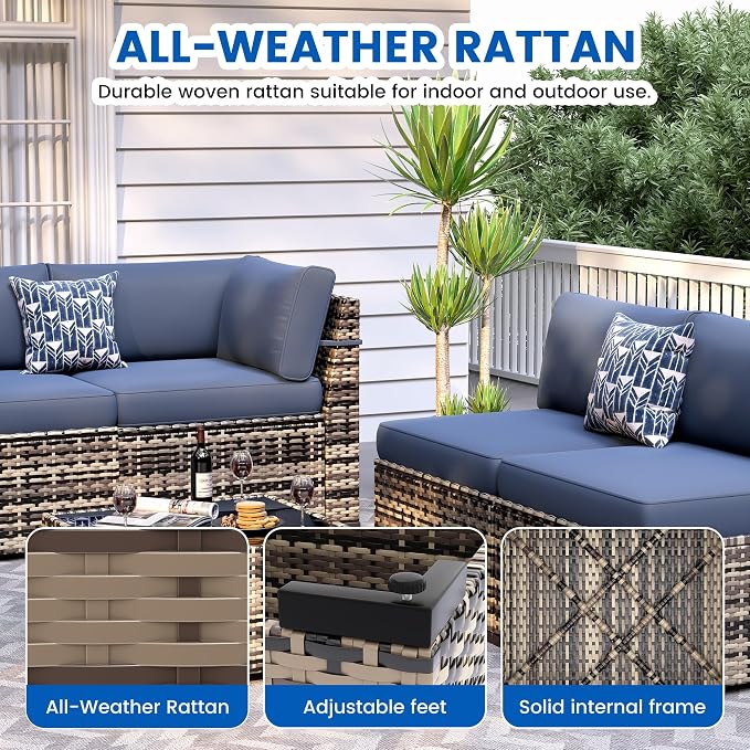 8 Pieces Outdoor Patio Furniture Set with 44" Fire Pit Table Yellow Rattan Sectional Conversation Sets w/Gas Fire Pit, Coffee Table, 1 Waterproof Covers, Navy Blue