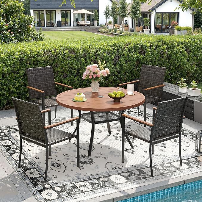 DIFY 5 Piece Patio Dining Set, Metal Outdoor Table and Chairs Set for 4, 40.6" Round Walnut Dining Table with Umbrella Hole & Wicker Stackable Patio Chairs, Patio Furniture Set for Garden Backyard