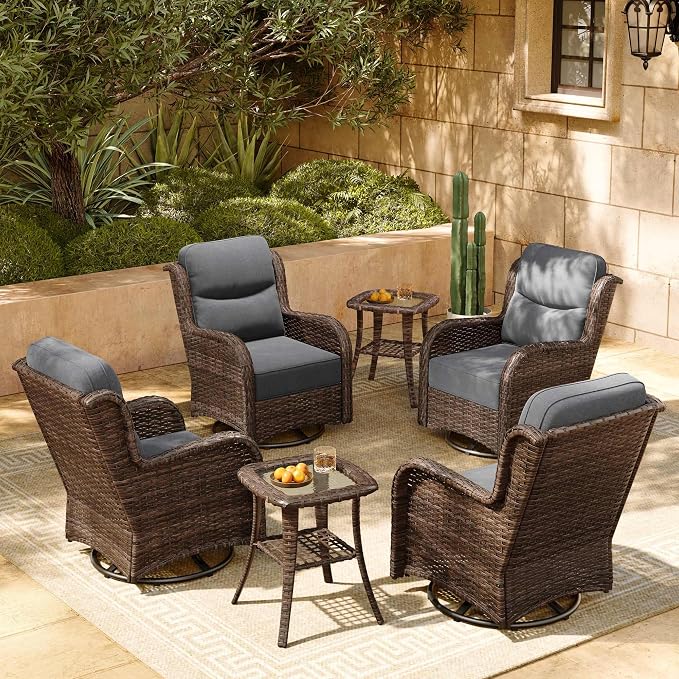HILLGA 6-Piece Luxury Patio Furniture Set with 6" Thick Cushions, Weather-Resistant Wicker High Back Swivel Rocker Chairs, Senior-Friendly Conversation Set for Small Porch, Deck and Sunroom, Gray(V2)