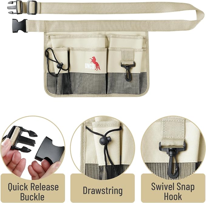 UNCO- Adjustable Gardening Belt, Beige, 7 Pockets, Wear, Cut and Water Resistant, Garden Tool Belt Pouch, Waist Apron with Pockets