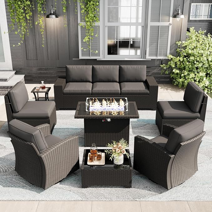 LayinSun 10 Pieces Patio Furniture Set with Fire Pit Table, Black Rattan Modular Sectional Outdoor Conversation Sofa Set, Swivel Rocking Chairs Set