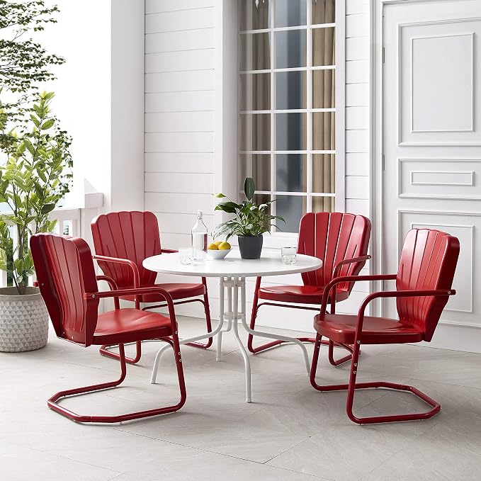 Crosley Furniture Ridgeland 5-Piece Outdoor Dining Set for 4, Retro Metal Round Patio Table and Chairs, Bright Red Gloss