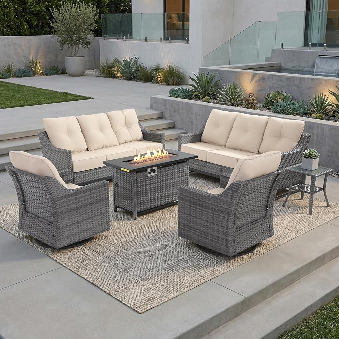 6-Piece Outdoor Patio Furniture Set, Grey Wicker Conversation Set with 2 Sofas, 2 Swivel Chairs, Side Table and Rectangular 60,000 BTU Fire Pit Table, Beige Cushions